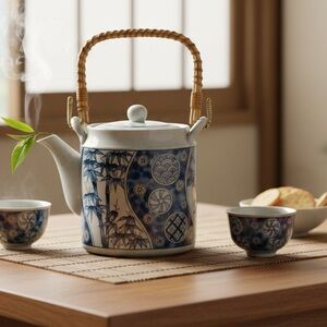 Vintage Blue & White Ceramic Teapot with Woven Rattan Handle